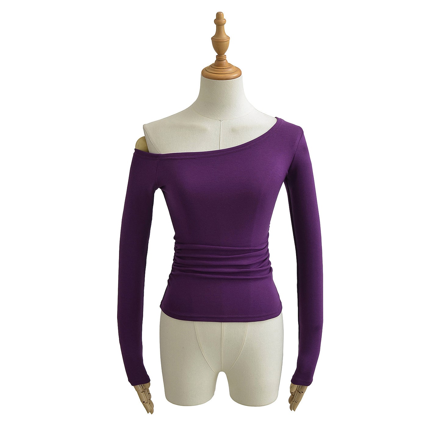 Slanted shoulder long sleeved T-shirt