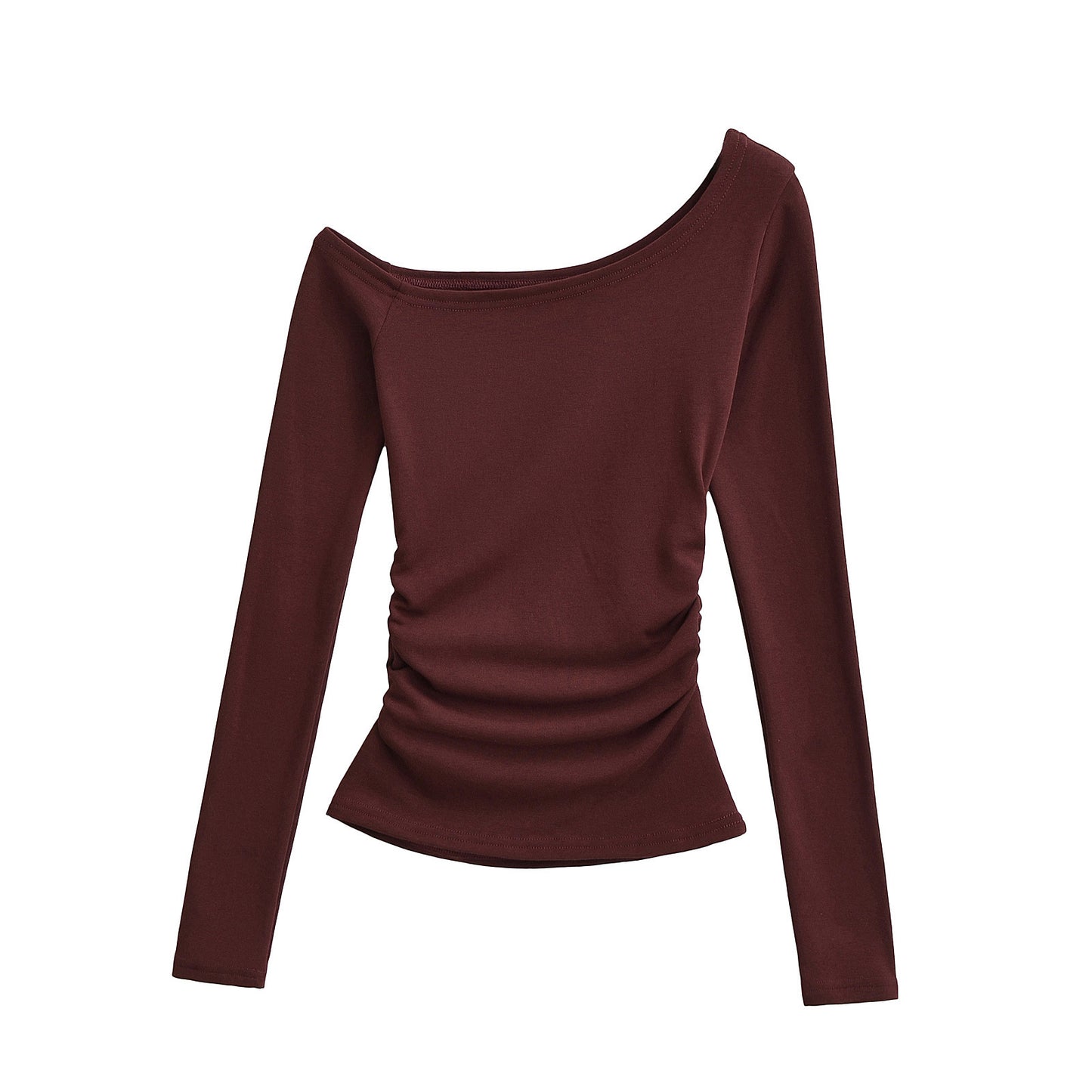 Slanted shoulder long sleeved T-shirt