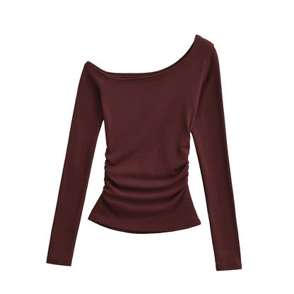 Slanted shoulder long sleeved T-shirt