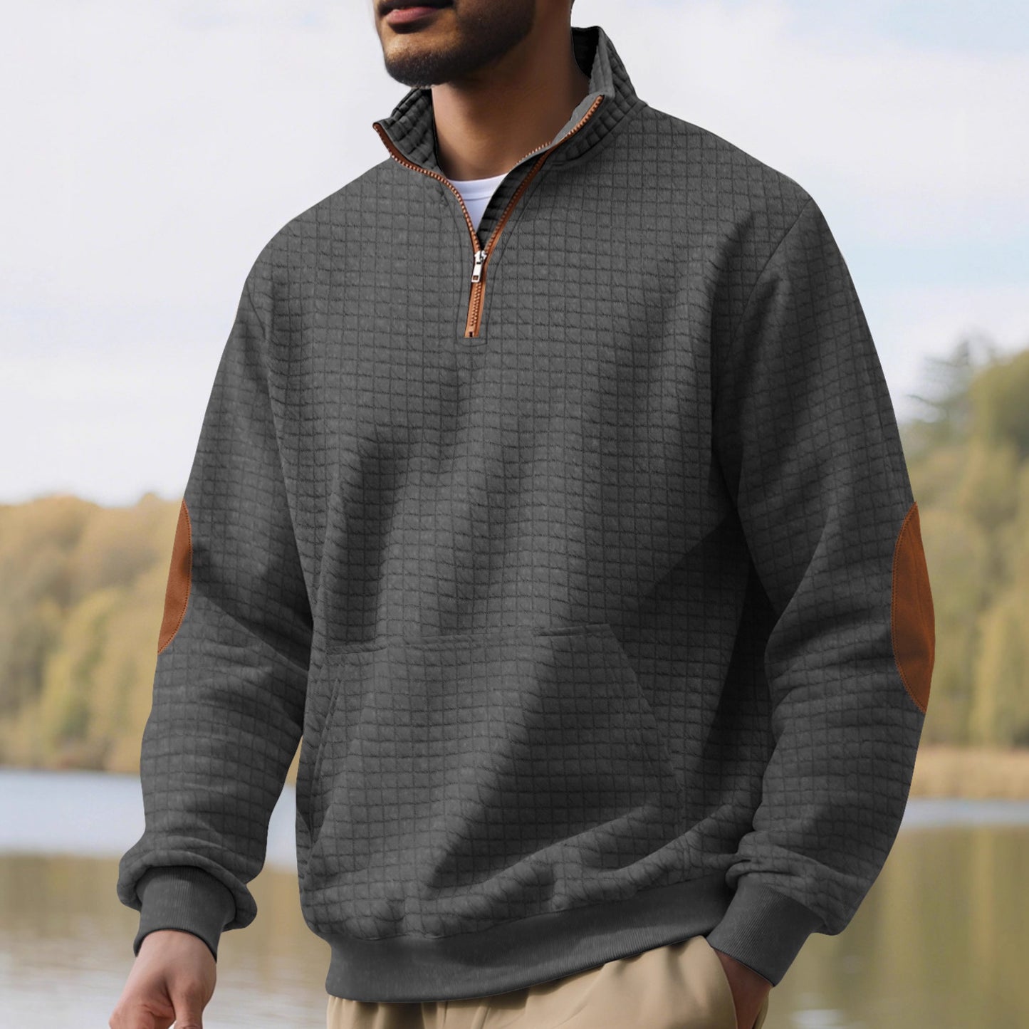 Small square stand up collar half zip top for men