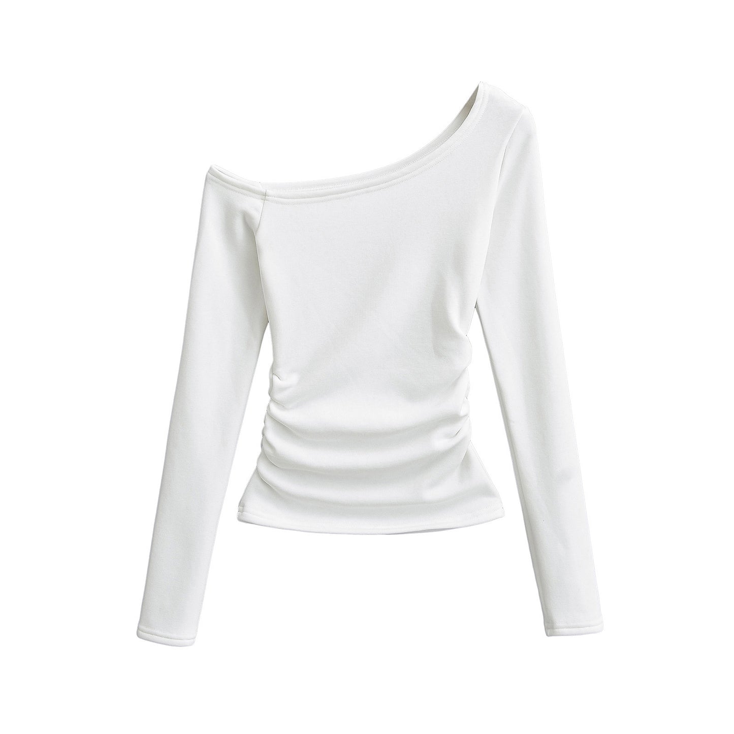 Slanted shoulder long sleeved T-shirt