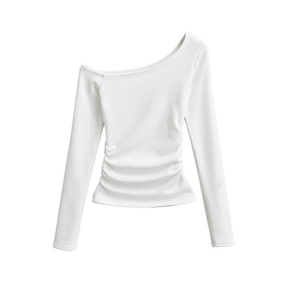 Slanted shoulder long sleeved T-shirt