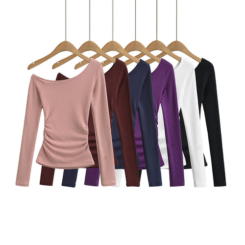 Slanted shoulder long sleeved T-shirt