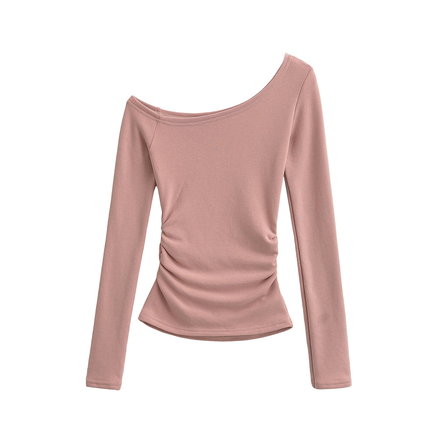 Slanted shoulder long sleeved T-shirt